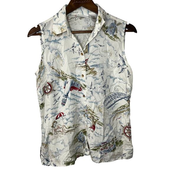 Vintage 90s 100% Silk Button Down Sleeveless Collared Shirt Beach Scene Vacation - Picture 1 of 6